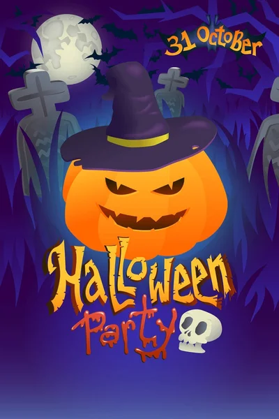 Halloween party poster with pumpkin on dark cemetery back — Stock Photo, Image