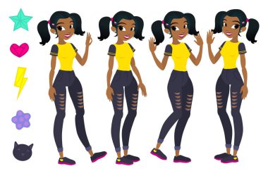 Genç siyah saçlı kız Vektörler. Karakter. Beyaz arka plan karşı izole. Kendi inşa etmek. Düz-stil vektör çizim karikatür