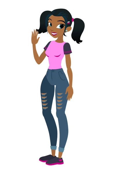 Teenager vector African American girl with black hair. Character . Isolated against white background. Build your own design. Cartoon flat-style vector illustration — Stock Vector