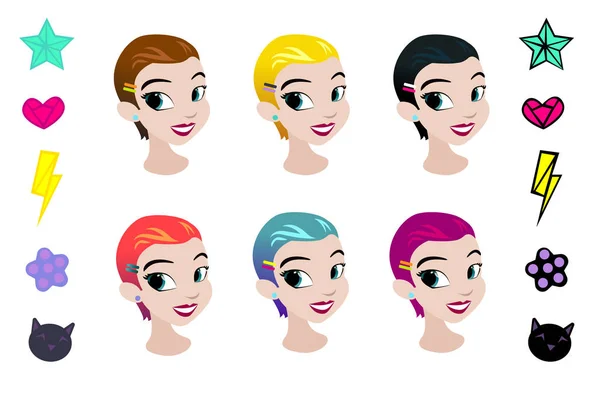 Teenager vectors girls head with different color hair. Character . Isolated against white background. Build your own design. Cartoon flat-style vector illustration — Stock Vector