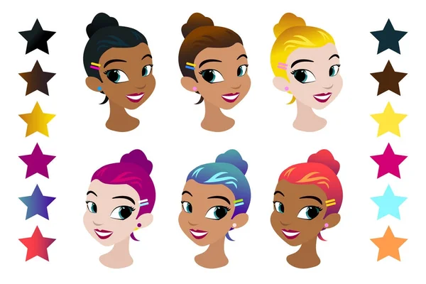 Teenager vectors girls head with different color hair. Character . Isolated against white background. Build your own design. Cartoon flat-style vector illustration — Stock Vector