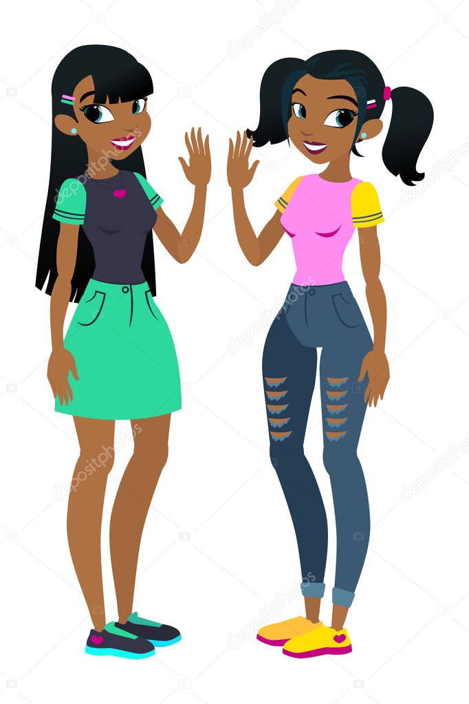 Teenager vectors African American girls with black hair. Character . Isolated against white background. Build your own design. Cartoon flat-style vector illustration