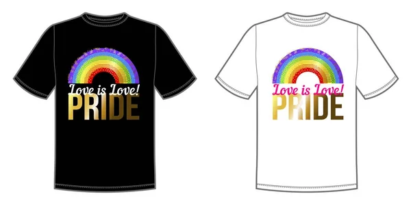 Impresión vectorial para camiseta con Pride lgbt arco iris brillante y texto Love is love — Vector de stock