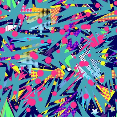 Kızlar, erkekler ve giysiler için soyut, kusursuz vektör deseni. Noktalı yaratıcı arka plan, geometrik figürler tekstil ve kumaş için komik duvar kağıtları. Moda tarzı. Renkli parlak