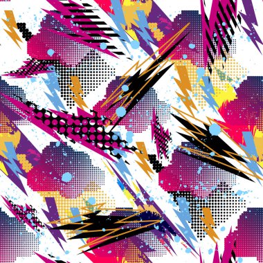 Kızlar, erkekler ve giysiler için soyut, kusursuz vektör deseni. Noktalı yaratıcı arka plan, geometrik figürler tekstil ve kumaş için komik duvar kağıtları. Moda tarzı. Renkli parlak