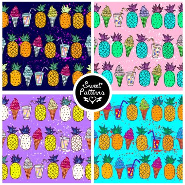 Parlak turuncu ananas ve dondurma ve jucie farklı bir arka plan üzerinde sorunsuz yaz deseni kümesini gençler için