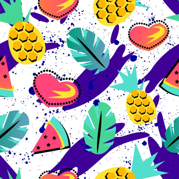 Padrão de verão sem costura com abacaxi laranja brilhante e melancia e elemento tropical no fundo brith Para adolescentes — Vetor de Stock