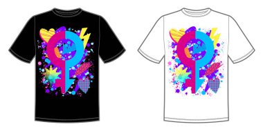 Vektör yazdırma t-shirt için parlak gurur lgbt gökkuşağı renkli erkek ve kadın simgesiyle