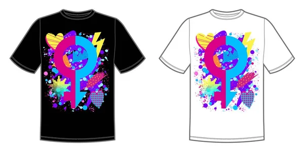 Impresión vectorial para camiseta con brillante Pride lgbt color arco iris símbolo masculino y femenino — Vector de stock