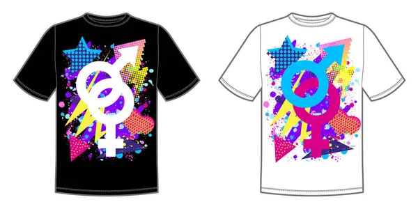 Impression vectorielle pour t-shirt avec couleur arc-en-ciel lgbt brillant symbole mâle et femelle — Image vectorielle