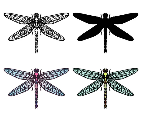 手工绘制的风格的蜻蜓轮廓, 剪影和两种不同的颜色在白色背景隔离。适用于贴纸着色或插图 — 图库矢量图片