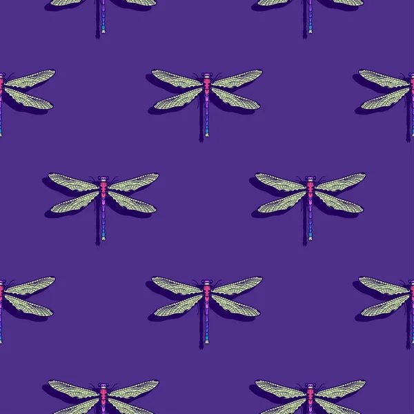 Dibujado a mano libélulas estilizadas patrón sin costura para niñas, niños, ropa. Fondo creativo con insecto. Fondo de pantalla divertido para textil y tela. Estilo de moda. Colorido brillante — Vector de stock