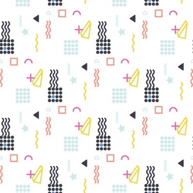 Kızlar, erkekler ve giysiler için soyut, kusursuz vektör deseni. Noktalı yaratıcı arka plan, geometrik figürler tekstil ve kumaş için komik duvar kağıtları. Moda tarzı. Renkli parlak
