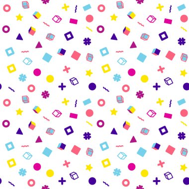 Kızlar, erkekler için giyim için soyut sorunsuz vektör memphis şablon. Nokta, Tekstil ve kumaş için geometrik figürler komik duvar kağıdı ile yaratıcı arka plan. Moda stil. Renkli parlak