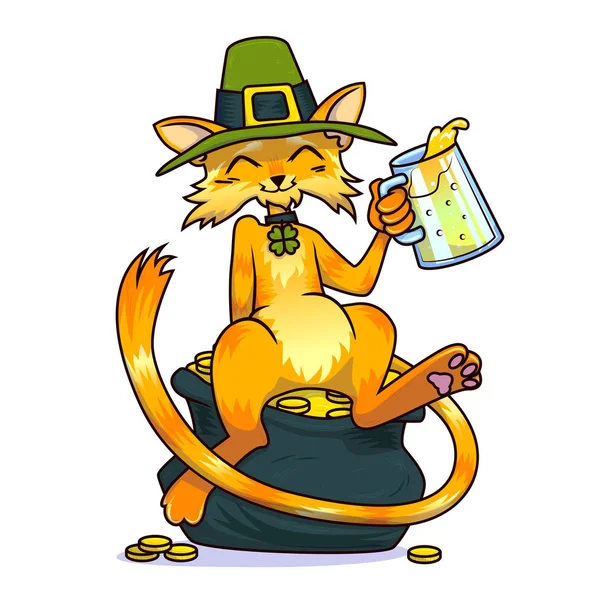 Cat Leprechaun Hat Clover Jewelry Drinking Beer Sitting Pot Gold — Stock Vector