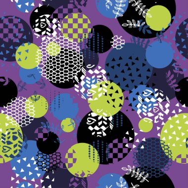 Kızlar, erkekler ve giysiler için soyut, kusursuz vektör deseni. Noktalı yaratıcı arka plan, geometrik figürler tekstil ve kumaş için komik duvar kağıtları. Moda tarzı. Renkli parlak