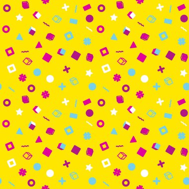 Kızlar, erkekler için giyim için soyut sorunsuz vektör memphis şablon. Nokta, Tekstil ve kumaş için geometrik figürler komik duvar kağıdı ile yaratıcı arka plan. Moda stil. Renkli parlak