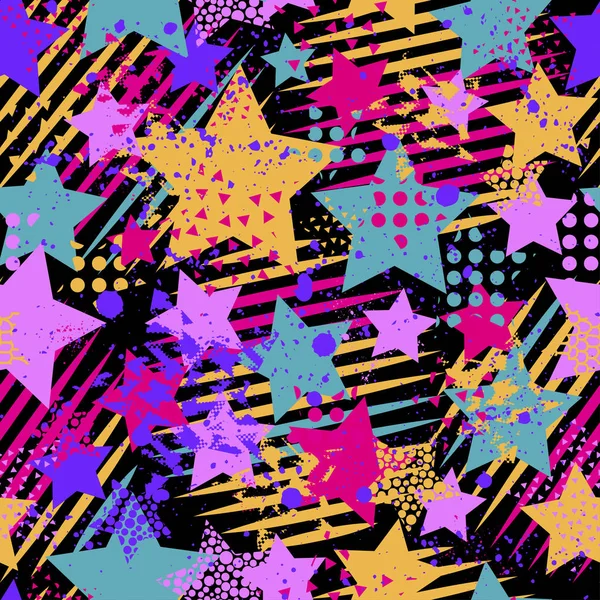 Patrón vectorial sin costura abstracto para niñas, niños, ropa. Fondo creativo con puntos, figuras geométricas Fondo de pantalla divertido para textiles y telas. Estilo de moda. Colorido brillante — Vector de stock