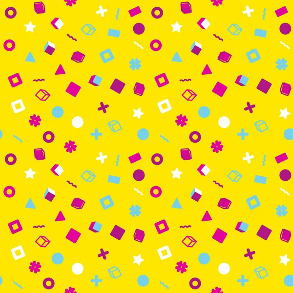 Kızlar, erkekler için giyim için soyut sorunsuz vektör memphis şablon. Nokta, Tekstil ve kumaş için geometrik figürler komik duvar kağıdı ile yaratıcı arka plan. Moda stil. Renkli parlak