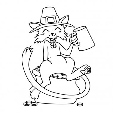 Bir kedi cüce şapkası ve yonca takı, altın bir pot oturup bira içtiğimi