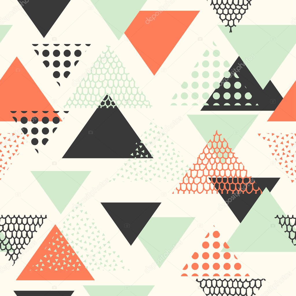 Abstract seamless vector pattern for girls, boys, clothes. Creative background with geometric figures triangle Funny wallpaper for textile and fabric. Fashion style. Colorful bright