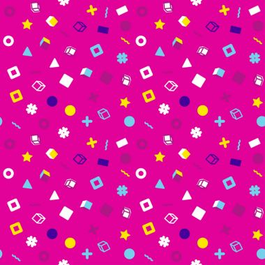 Kızlar, erkekler için giyim için soyut sorunsuz vektör memphis şablon. Nokta, Tekstil ve kumaş için geometrik figürler komik duvar kağıdı ile yaratıcı arka plan. Moda stil. Renkli parlak