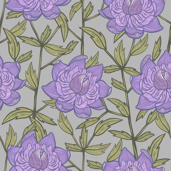 Naadloze abstract floral patroon met lila en paarse bloemen voor textiel of interieur — Stockvector