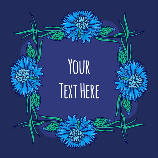 Hand Drawn frame for text with flowers and herbs vintage floral elements. Blue and green decore — Stock Vector