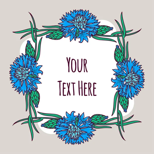 Hand Drawn frame for text with flowers and herbs vintage floral elements. Blue and green decore — Stock Vector