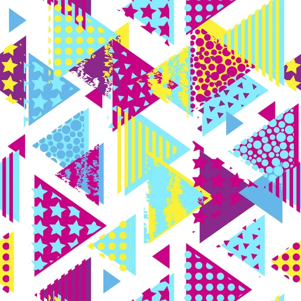 Abstrakte nahtlose Vektormuster für Mädchen, Jungen, Kleidung. Kreativer Hintergrund mit Punkten, geometrischen Figuren Dreieck lustige Tapete für Textil und Stoff. Mode-Stil. Bunt leuchtend — Stockvektor