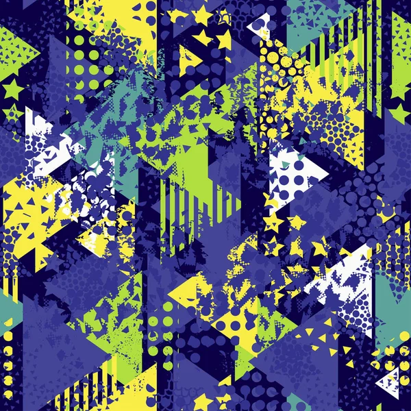 Patrón vectorial sin costura abstracto para niñas, niños, ropa. Fondo creativo con puntos, figuras geométricas triángulo Fondo de pantalla divertido para textiles y tejidos. Estilo de moda. Colorido brillante — Vector de stock