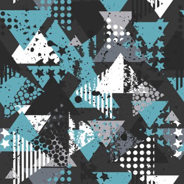 Kızlar, erkekler için giyim için soyut sorunsuz vektör desen. Nokta, Tekstil ve kumaş için geometrik figürler üçgen Funny duvar kağıdı ile yaratıcı arka plan. Moda stil. Renkli parlak.