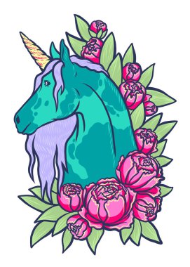 Büyülü şirin tek boynuzlu at illüstrasyon karikatür fantezi hayvan. kart ve gömlek sanat üzerine beyaz izole kız için. Rüya sembol. Çocuklar için tasarım