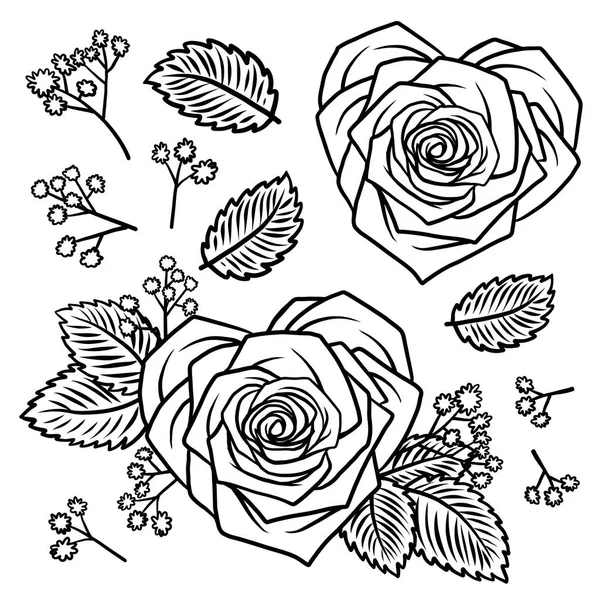 Set von handgezeichneten Doodle Rose Herzform Blumen und Kräuter Vintage florale Elemente auf weißem Hintergrund. Konturenkunst zum Färben — Stockvektor