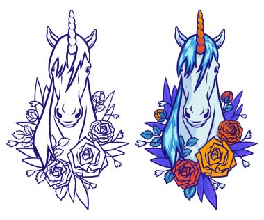 Büyülü şirin tek boynuzlu at illüstrasyon karikatür fantezi hayvan. Kontur kartı ve gömlek sanat üzerine beyaz izole kız için boyama için. Rüya sembol. Çocuklar için tasarım