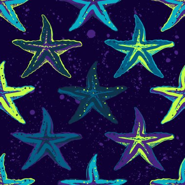 Kızlar, erkekler ve giysiler için soyut, dikişsiz vektör okyanus deseni. Deniz yıldızlarının yaratıcı geçmişi, tekstil ve kumaş için komik duvar kağıtları. Moda tarzı. Renkli parlak