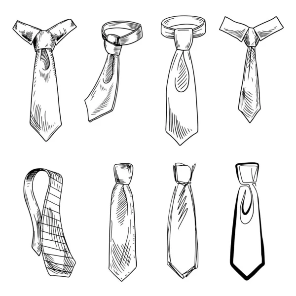 Diferentes tipos de nudos de corbata ilustraciones dibujadas a mano — Vector de stock