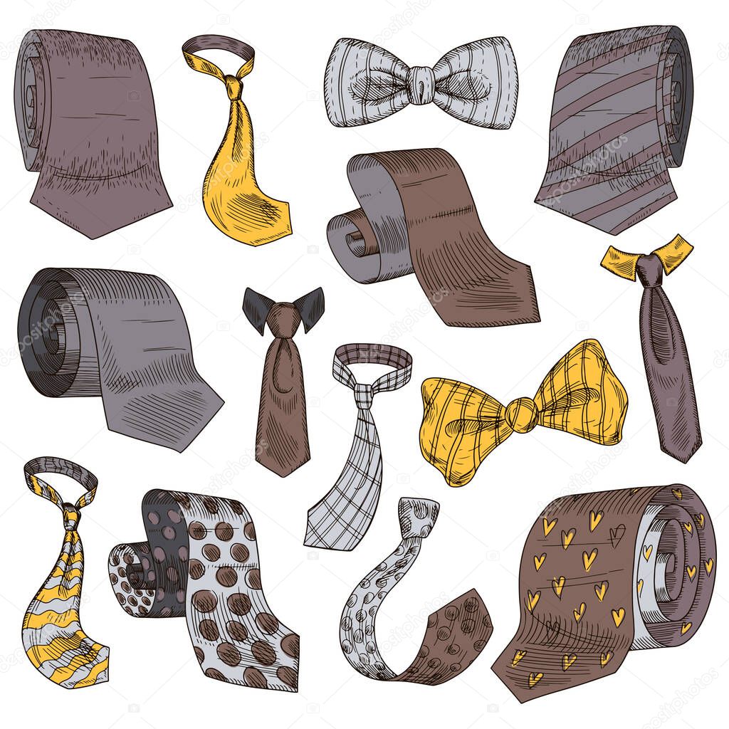 Stylish monochrome neckwear items hand drawn icon illustrations set