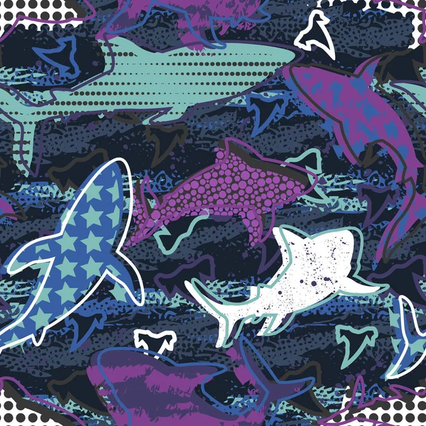 Modèle sous-marin vecteur transparent abstrait pour les filles, les garçons, les vêtements. Fond créatif avec des requins. Fond d'écran drôle pour le textile et le tissu. Style mode. Coloré lumineux — Image vectorielle