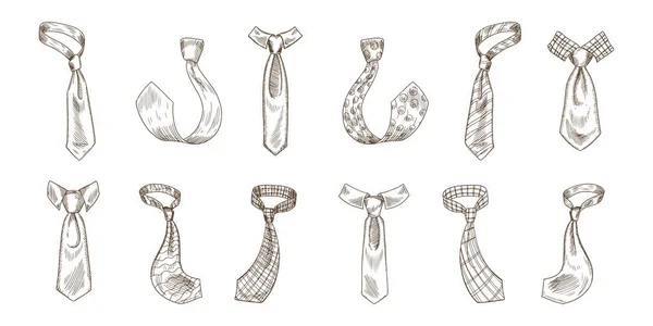 Cravatte stampate vintage disegnato a mano silhouette illustrazioni set — Vettoriale Stock