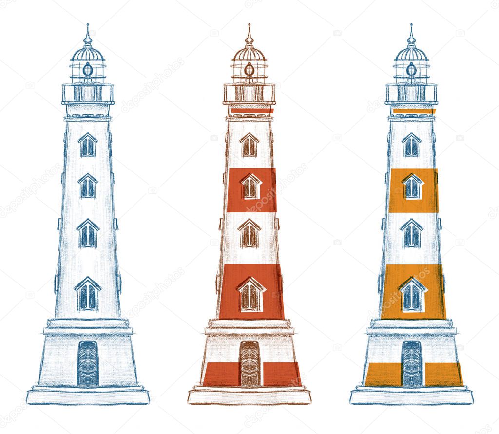Old lighthouses color hand drawn illustrations set