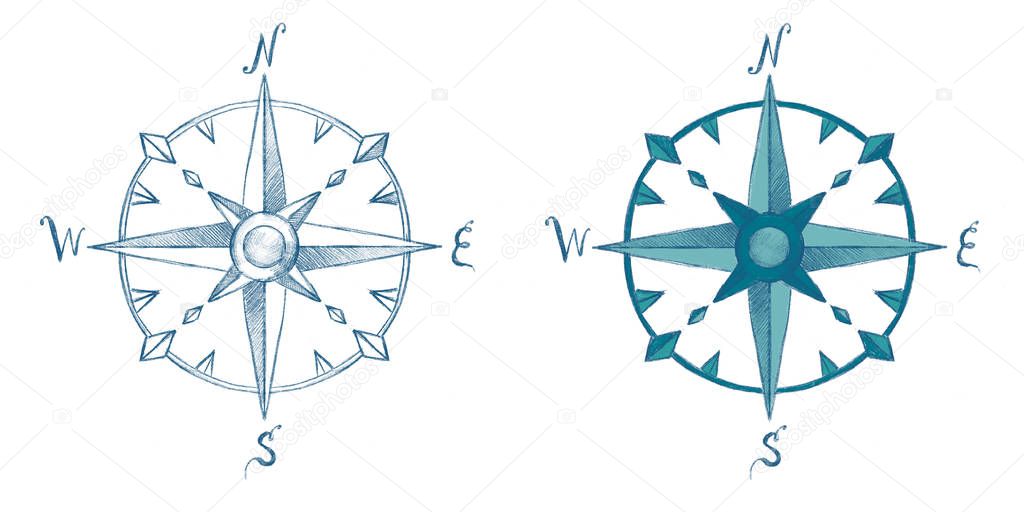 Windrose symbols, stylized icons hand drawn illustrations. Vintage style compass with wind directions blue ink sketch isolated on white background. Maritime, navigation symbol, nautical design element