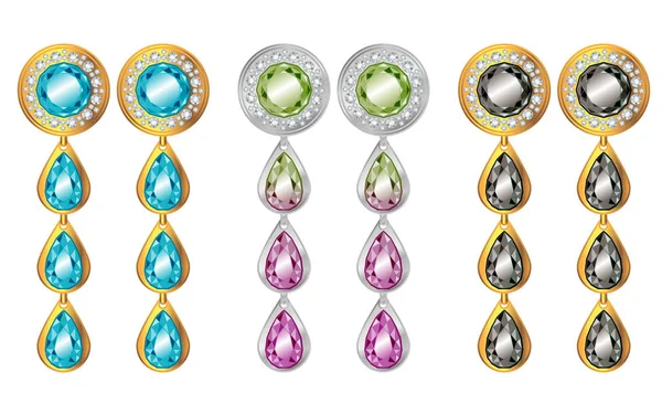 Golden and platinum earrings with gems realistic illustrations set — Stock Photo, Image