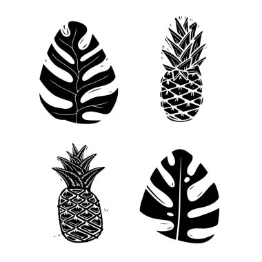 Egzotik palmiye yaprakları tek renkli siluet çizimleri ayarlandı