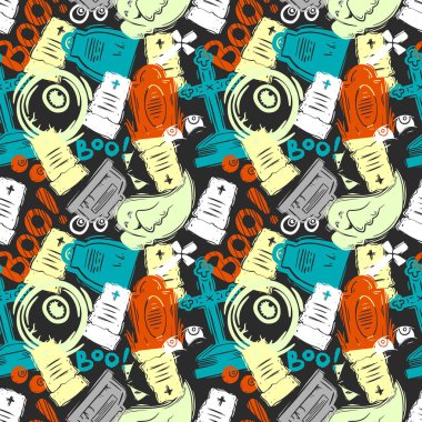 Kızlar, erkekler, kıyafetler için soyut kusursuz cadılar bayramı deseni. Nokta, geometrik figürler tekstil ve kumaş için komik duvar kağıdı ile Yaratıcı arka plan. Moda tarzı. Renkli parlak