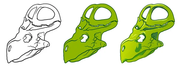 Caricature dessinée à la main Illustration du crâne de dinosaure isolé sur fond blanc, symbole paléontologique. Sticker Archéologie. Ligne et couleur pour la coloration — Image vectorielle