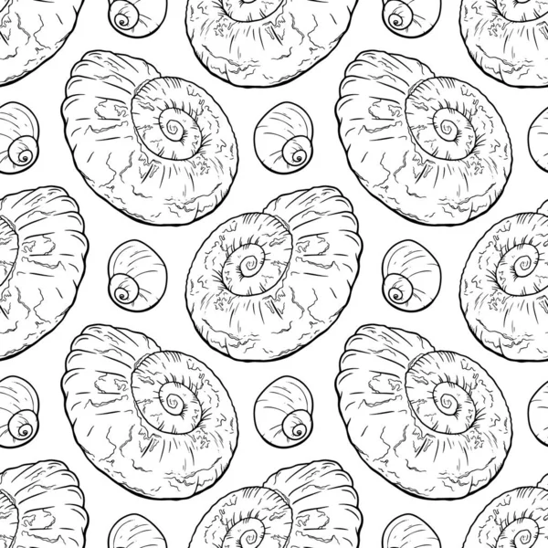 Tangan menggambar pola mulus dengan kerang laut Amonit untuk anak perempuan, anak laki-laki, pakaian. Funny Ocean wallpaper untuk tekstil dan kain. Gaya paleontologi - Stok Vektor