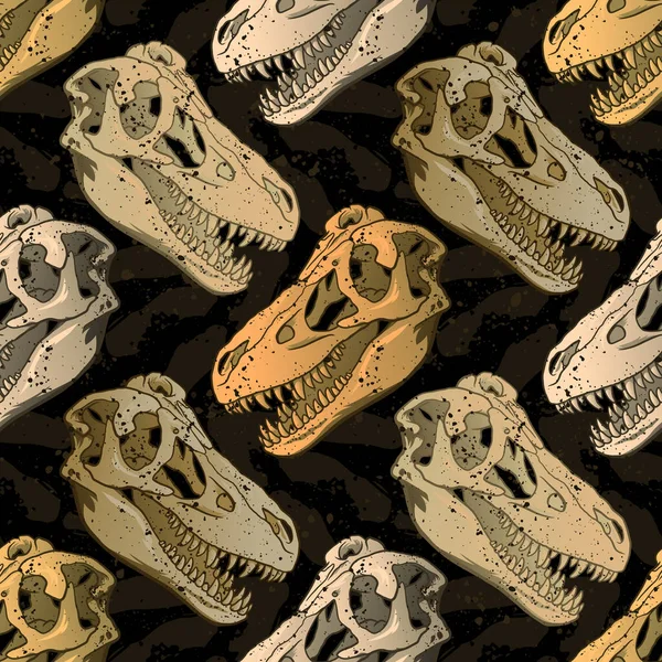 Handgetekend naadloos patroon van Cartoon Dinosaur Skull voor meisjes, jongens, kleding. Grappig aleontologie behang voor textiel en stof. Paleontologische stijl — Stockvector