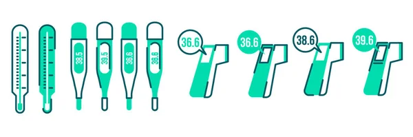 Termometro medico diverso con temperatura alta e normale Icone di linea per la progettazione web isolate su sfondo bianco — Vettoriale Stock