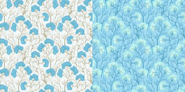 Çiçek desenli çiçek dalları, klasik renklerde, dikişsiz desenler. Japon çiçekli retro dokusu. Mavi ve beyaz arka planda çiçek açan bahar ağacı. Botanik duvar kağıdı, ambalaj kağıdı, tekstil tasarımı.